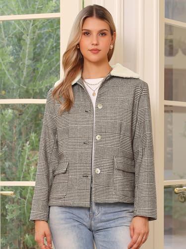 Allegra K Houndstooth Jacket for Women's Peter Pan Collar Long Sleeve Button Down Vintage Winter Coat4