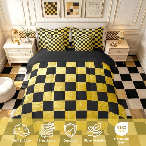 Image of Checkered Retro Comforter Set With Sheets 7 Piece Twin Size Golden Black Plaid Bed in a Bag Kids Boys Girls Geometric Vintage Bedding Set Modern Simple Groovy Aesthetic Bedroom Decor Breathable Soft