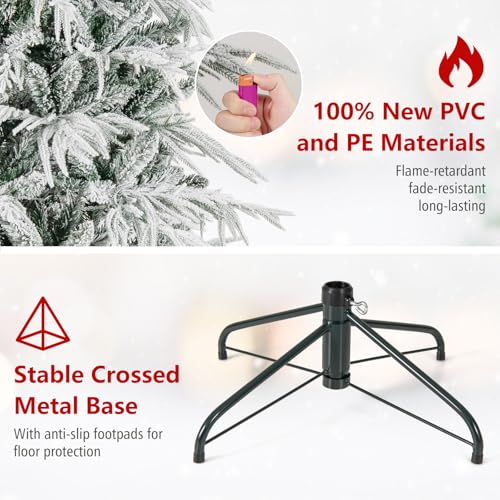 Image of Goplus 7 FT Pre-Lit Snow Flocked Christmas Tree, Artificial Hinged Xmas Tree with 820 PE & PVC Mixed Branch Tips, 340 Warm White LED Lights, Foldable Metal Base, Home Office Decoration