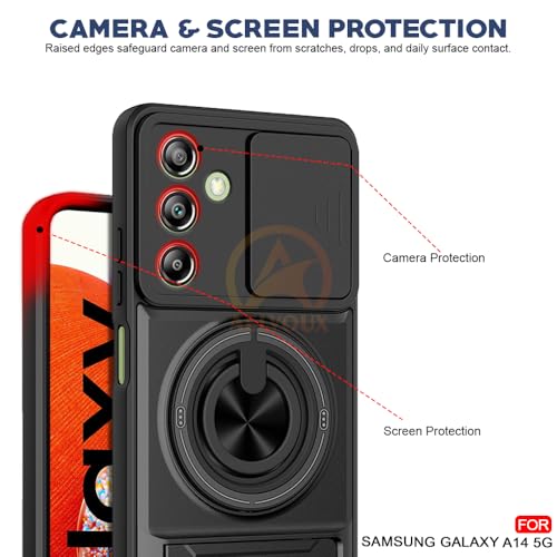 Image of Samsung Galaxy A14 5G Back Cover | Armor Camera Slider 360 Degree Rotating Finger Ring Holder Case with Bracket Stand Back Case Cover (Compatible with MagSafe Accessories) (Black)