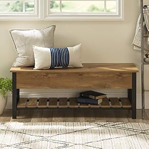 Home Accent Furnishings New 48 Inch Open Top Storage Bench with Shoe Shelf and Barnwood Finish