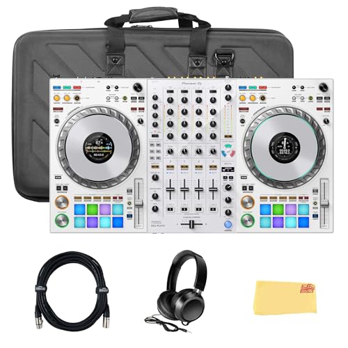 Pioneer DJ DDJ FLX10 Limited Edition 4-Channel DJ Controller for rekordbox and Serato - White Bundle with Case, Gearlux Headphones, DMX Cable, and Austin Bazaar Polishing Cloth