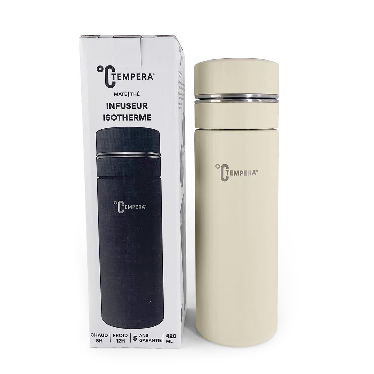 TEMPERA Bottiglia termica per infusore, 420 ml, doppia parete, in acciaio inox 316, senza BPA, filtro monoblocco integrato in acciaio inox, impermeabile, mantiene il caldo 8 ore, freddo 12 ore | Maté
