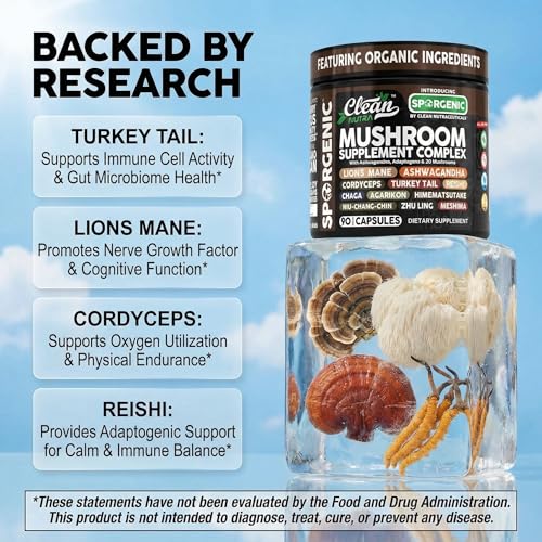 Organic Mushroom Supplement | Ashwagandha Lions Mane Cordyceps Turkey Tail Reishi Mushrooms Maca Root Black Hoof Chaga Tremella Agarikon Shiitake Oyster Powder Capsules Sporgenic By Clean Nutra (1) - Image 4
