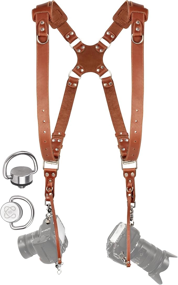 C Coiro Dual Camera Harness for Photographers, Double Adjustable Leather Strap DSLR/SLR, Dual Shoulder Harness Padded Tan