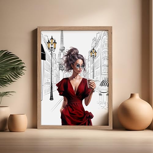 Image of Poster Master Lady in Red Print - Fashion Poster - Paris Designer Art - Modern Wall Design - Chic Gift for Women & Fashionista - Glam Decor for Bedroom or Girl's Room - 16x20 Beige Framed
