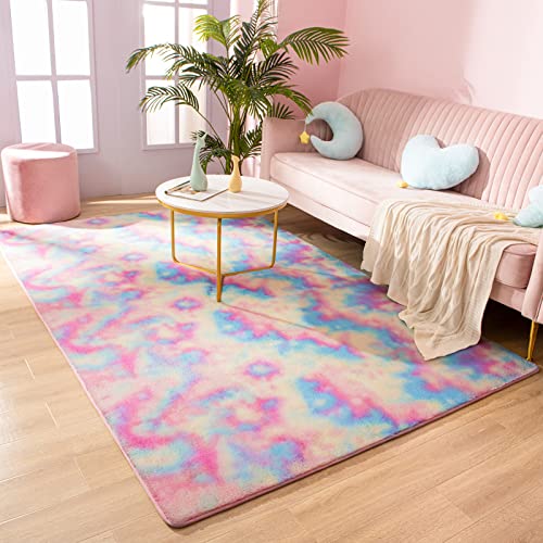 Rtizon Soft Rugs For Girls Bedroom, 4X6 Feet Shaggy Fluffy Rainbow Area Rug For Kids Playroom Living Room Dorm, Kawaii Tie-Dye Princess Rug For Kids Toddler #TOP5