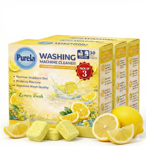 Image of Purela Washing Machine Cleaner Tablets - 90 Effervescent Tablets for Front & Top Load Washing Machines - Helps Reduce Odor, Residue & Scale Buildup(Lemon)