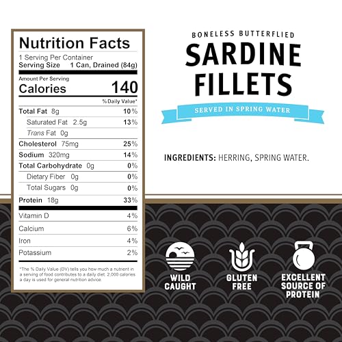 Image of Brunswick Sardines in Spring Water, 3.75 oz Can - Boneless Butterflied Sardine Fillets - Wild Caught - 18g Protein per Serving - Gluten Free, Keto Friendly