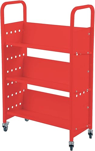 Carrito de libros con 3 estantes inclinados, camión de libros de una sola cara, carrito de biblioteca con ruedas de 450 libras con 4 ruedas