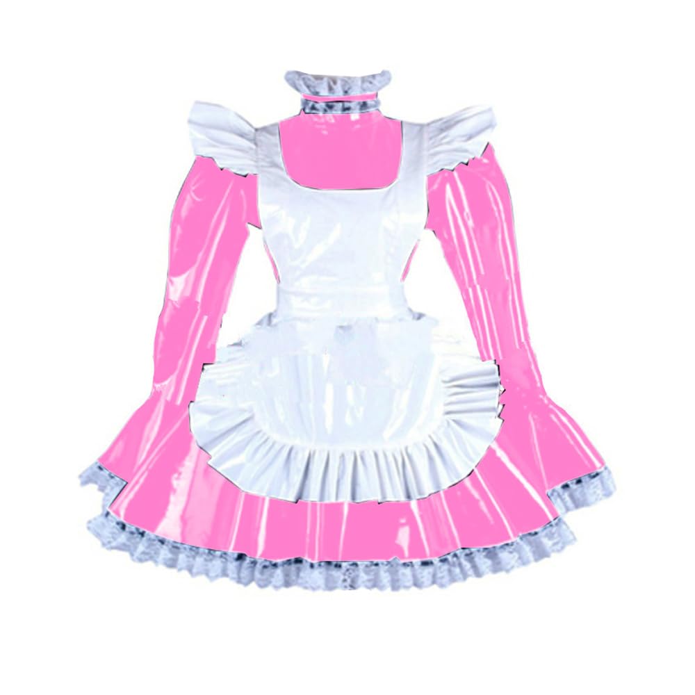 ERFSQIYALHJ Lockable Lovely Maid Uniforms Sissy Long Sleeve A-line Dress with Apron Halloween Cosplay (Pink,7XL)