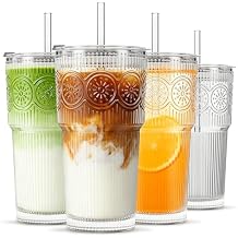 INSETLAN 20oz Ribbed & Floral Glass Tumblers with Lids and Straws, Set of 4 Clear Iced Coffee Cups, Reusable Drinking Glasses for Water, Smoothies, Tea, and Juice Perfect for Travel & Daily Use