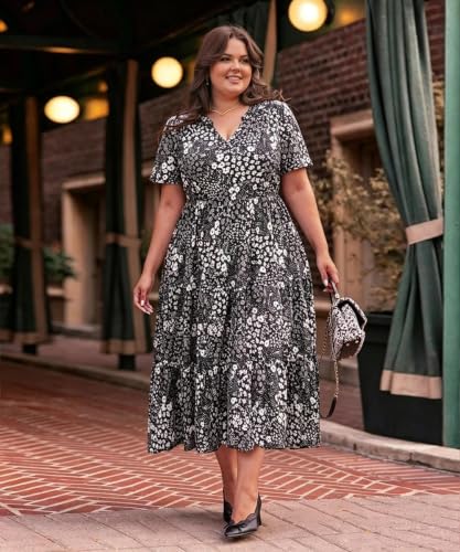 Image of TIYOMI Women Plus Size Dress Boho V Neck Short Sleeve Beach Maxi Dresses Floral /Stripe /Leaves /Lemon XL-5XL