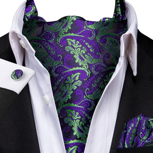 Image of Hi-Tie Silk Ascot for Men Self Tie Men's Cravat and Flower Lapel Pin Handkerchief Cufflinks Set for Wedding Party