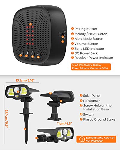 Solar Driveway Alarm with Solar LED Lights - Motion Sensor & 2-in-1 Wireless Wall/Landscaping Detector Lights, IP67 Waterproof Outdoor Security Alert System Protect Home, Outside Property