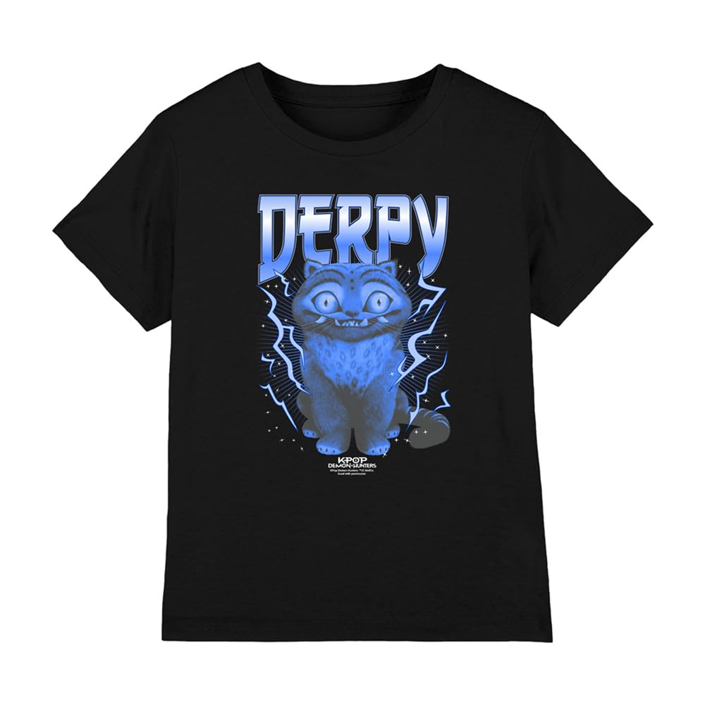 Kpop Demon Hunters Derpy Tiger Lightning Band Tee Kids T Shirt, Black, 7-8