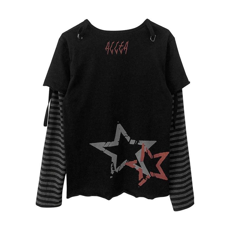 Pbkabiug Y2K Tshirt Long Sleeve Faux Two Piece Harajuku Loose Punk Tees Casual Rock Emo Grunge Aesthetic Tops4