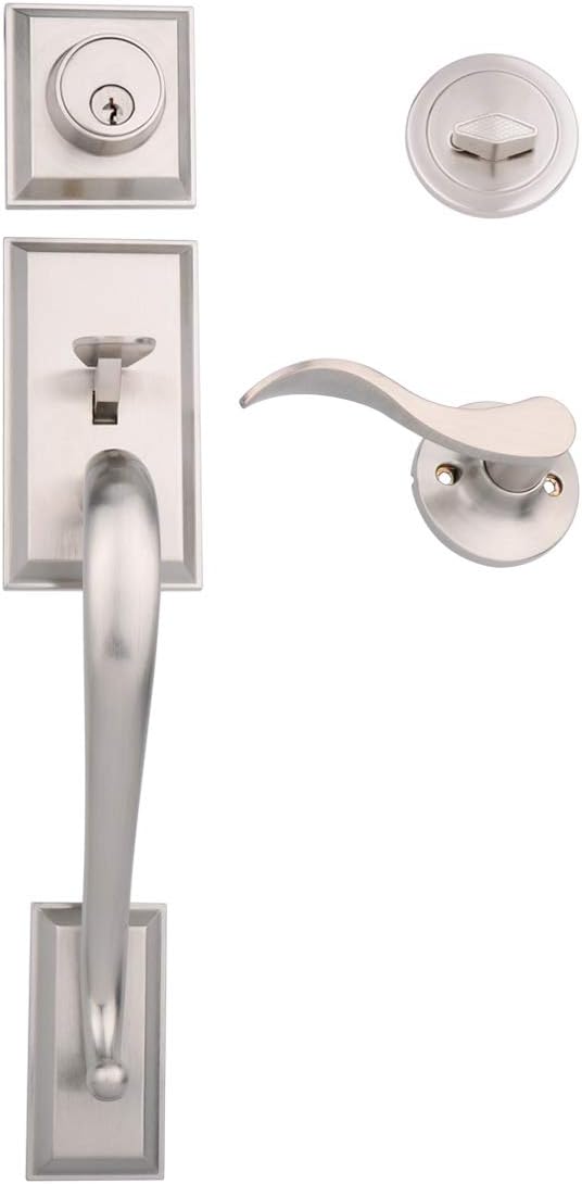 Get Special Price Amazon Basics Modern Exterior Door Handle with Right-Hand Wave Door Lever and Deadbolt Lock Set, Satin Nickel