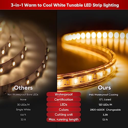 Image of Shine Decor LED Strip Light Connectable, CCT 2800-6000K Warm-Cool Changing Tone for Room, 98FT 120V Plug-in Outdoor Rope Lighting Cold Resistant Waterproof ETL Listed, Remote Timer Available