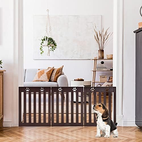 COSTWAY Foldable Pet Gate, Wooden Freestanding Dog Barrier with 360° Flexible Hinges, 60cm Step Over Safety Fence for Doorway, Stairs (152 x 60cm, Espresso)