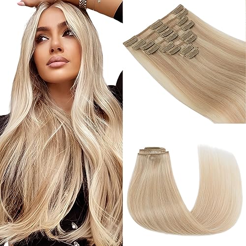 Elailite Clip in Hair Extensions Real Human Hair Remy Hair Full Head, 8 Pcs Invisible Thin Weft