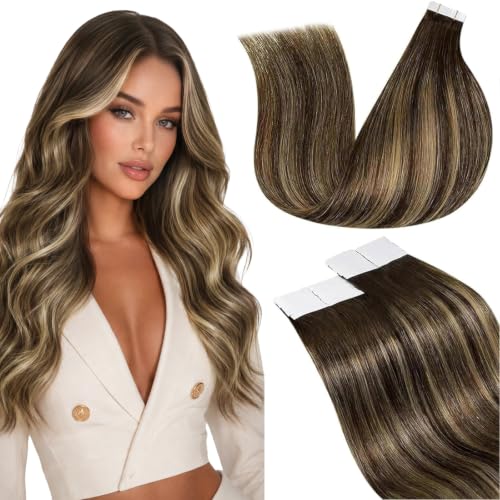 Image of LaaVoo Hair Extensions Tape in Brown Balayage Human Hair Tape in Extensions Ombre Brown to Caramel Blonde with Brown 18inch 20pcs 50g