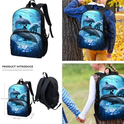 Adorable Dolphin Backpack for Girls with Lunch Box 6-8 8-10 14-16 Boys School Backpacks Kindergarten Elementary Schoolbag Preschool Middle Kids School Bags with Lunch Box Pencil Case Set2