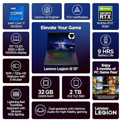 Image of Lenovo Legion 5i Gaming Laptop, Intel i7-14700HX, 15.1 inch OLED 2.6K (2560 x 1600) IPS 165Hz, 500 nits, 32GB DDR5, 2TB SSD, NVIDIA RTX 5060, 5MP Camera w /E Shutter, Wi-Fi 7, Win 11 - Eclipse Black
