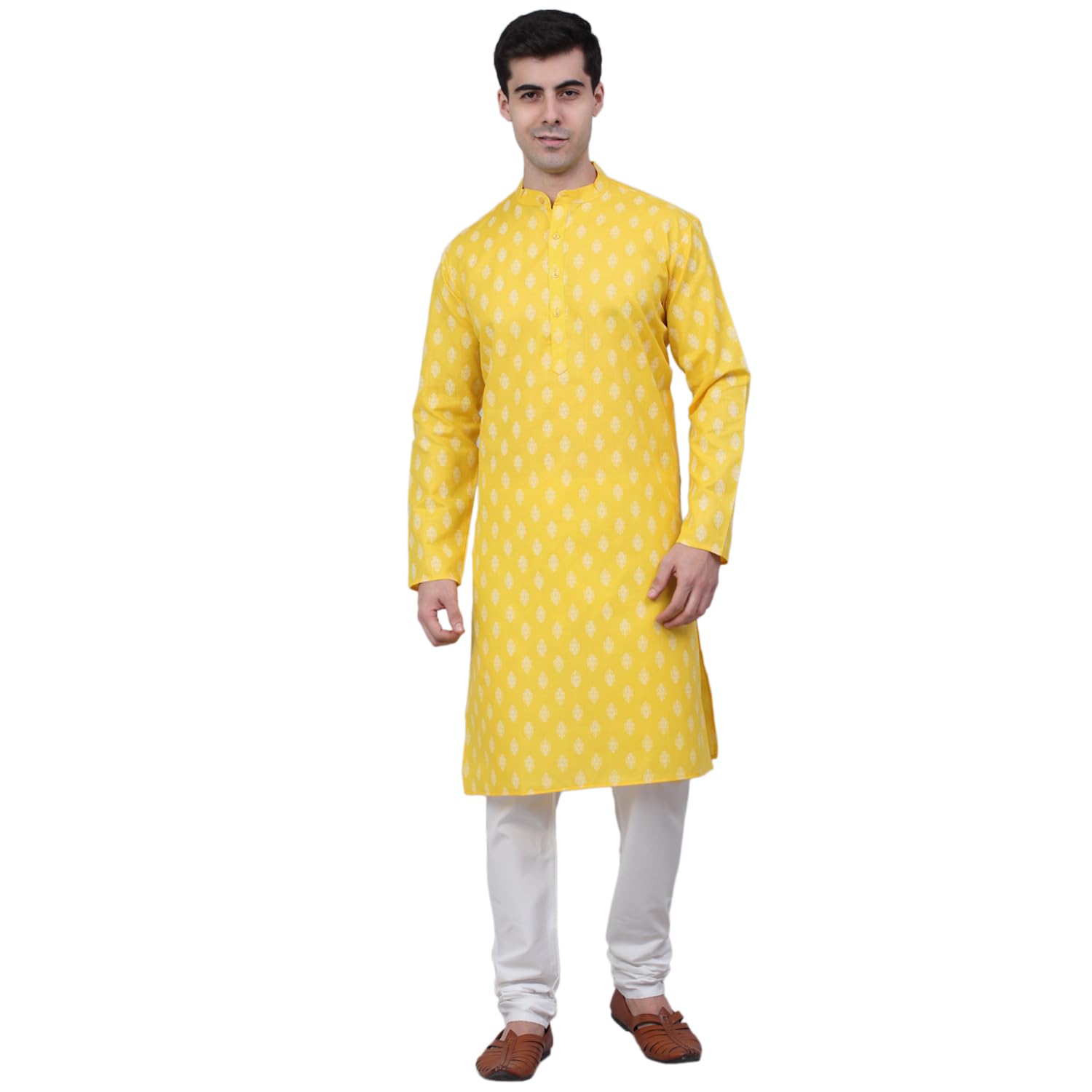 Jompers Men's Cotton Floral Printed Kurta Pyjama Set (Lemon, Xl)
