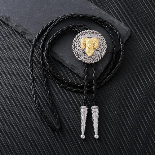 Image of GelConnie Longhorn Bull Bolo Tie for Men Native American Western Cowboy Leather Necktie Bolo Necklace for Women Gold Texas