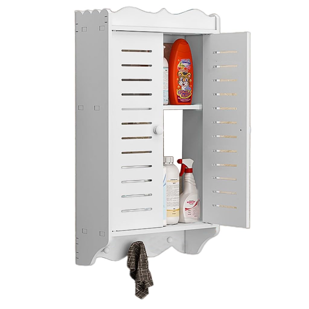 WUDLi 2 Tier Shower Caddy Toilet Storage Bathroom Medicine Cabinet with Towel Hook Wall Mounted Double Louvered Doors