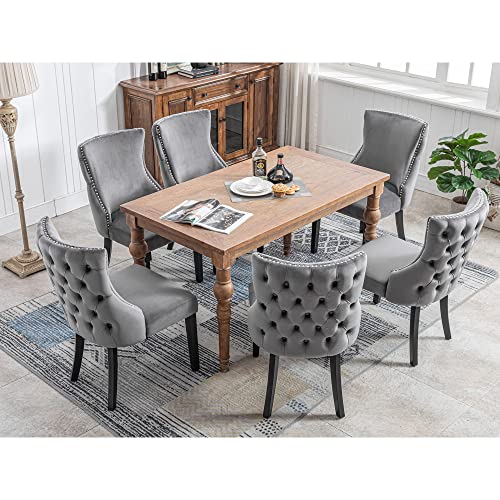 Sillas de comedor de terciopelo gris con acolchado de botones, estructura de madera maciza, gris, juego de 6 unidades