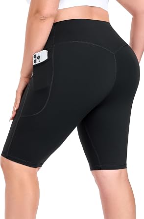 Womens Plus Size 10" Biker Shorts with Pockets, L-6XL High Waist Tummy Control Knee Length Butter Soft Athletic Workout Short