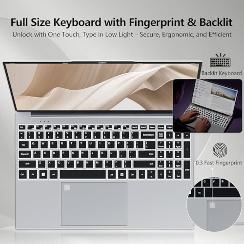 Image of 2026 Laptop, 15.6 inch Laptop Computer Celeron N5100 Up to 2.8GHz, Lap Top PC with 16GB RAM 512GB SSD, Backlit KB, Fingerprint, FHD 1080P, 180 Open, Mini HDMI, Win 11 Pro, Laptops for Study Work
