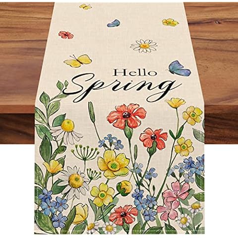 Seliem Hello Spring Floral Flowers Table Runner, Daisy Wildflower Butterfly Kitchen Dining Table Decor, Seasonal Burlap Home Decoration Indoor Outdoor Party Supply 13 x 90 Inches Cover