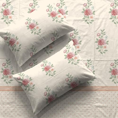 Image of Urban Space Serene 100% Cotton Bedsheet for Double Bed, Floral Queen Size Bed Sheet with 2 Pillow Covers (88 x 100 Inches, Vintage Rose Buttercream)