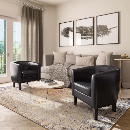 Image of BELLEZE Accent Barrel Chair, Set of 2 Faux Leather Round Club Tub Sofa Corner Chair with Flared Legs and Cozy Soft Padding for Living Room Bedroom Waiting Room - Black