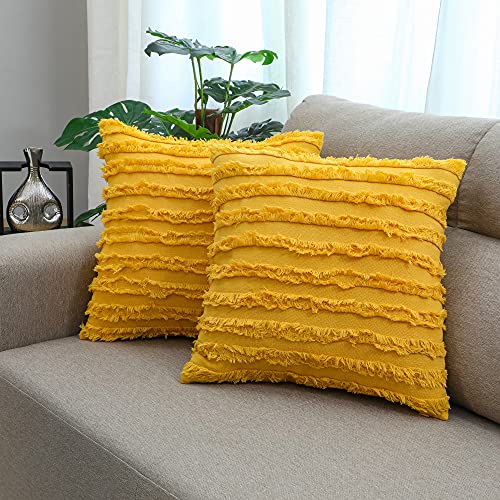 Image of mosey Square Pillow Cover Set of 2 | 16x16 | Soft Boho Cushion Cover 16 inch x 16 inch | 100% Cotton Cushion Covers 40cm x 40cm for Sofa, Yellow
