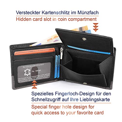 Fa.Volmer ® Manhattan Series #MW114 skórzany portfel, format krajobrazowy z ochroną RFID, smukły design, czarny / szary, threshold, Nowoczesny