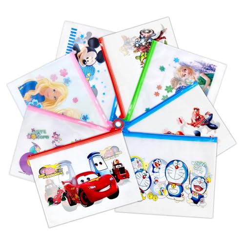 Image of GLUN Cartoon Print Pencil Pouch for Boys, Pack of 8 All Multi Translucent Printed Stationary Bag Organiser for School, Multi-Purpose Bag