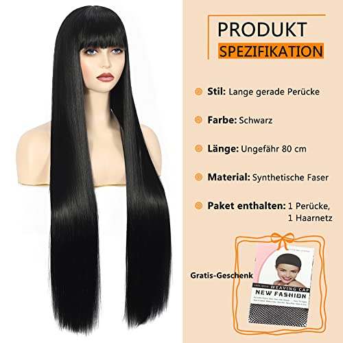 Sangrui Black Long Straight Wig for Women Synthetic Fibre Smooth Wig with Fringe - Image 3
