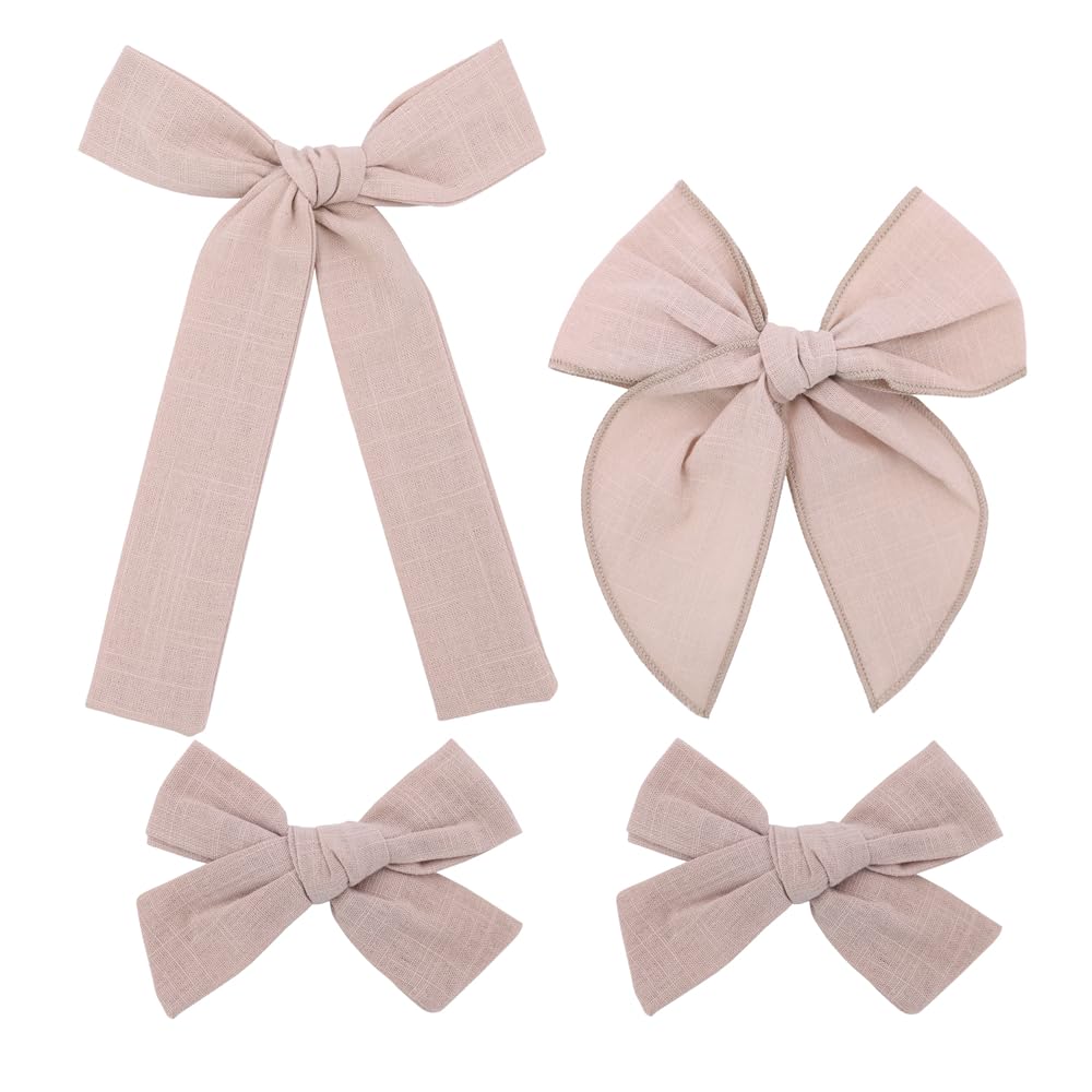 Set of 4 Cotton Linen Bow Hair Clips for Little Girls Toddler Baby Mom Women Hair Barrettes Accessories 3 Styles Bows (Beige)
