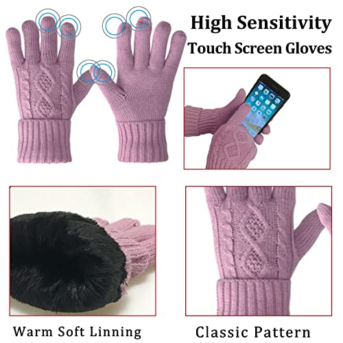 Winter Hat Gloves Scarf Set Women, Beanie with Pom Touchscreen Gloves Warm Knit Long Scarf 3 in 1 Set Gift for Women3