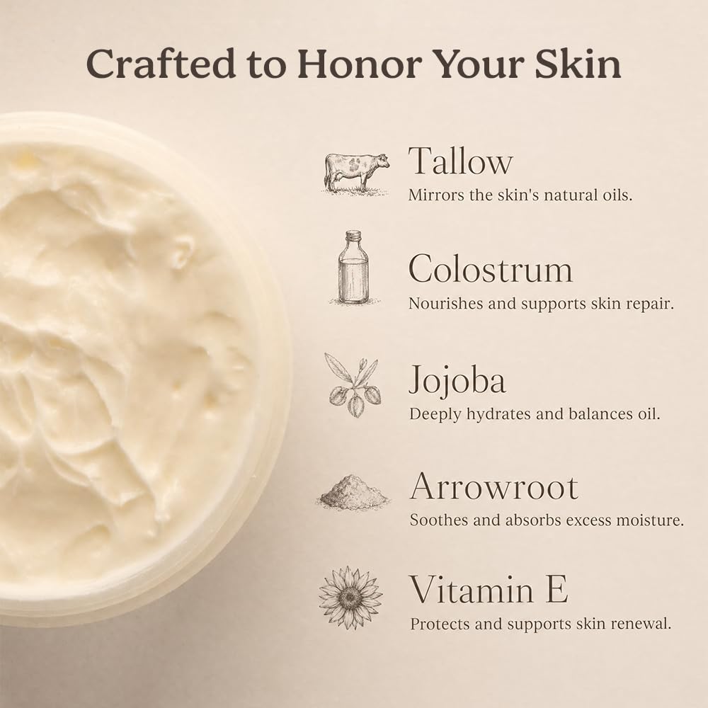 Honor Whipped Tallow Cream with Colostrum, Hydration, Skin Renewal (Unscented), 3oz