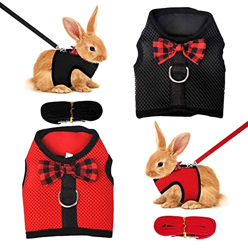 Yuehuabao 2pcs Ensembles de Harnais et Laisse Réglables pour Petits Animaux de Compagnie, Mignon Laisse et Harnais Set pour Pet Lapin Chat Gilet Elastique de Chien (Noir, Rouge)