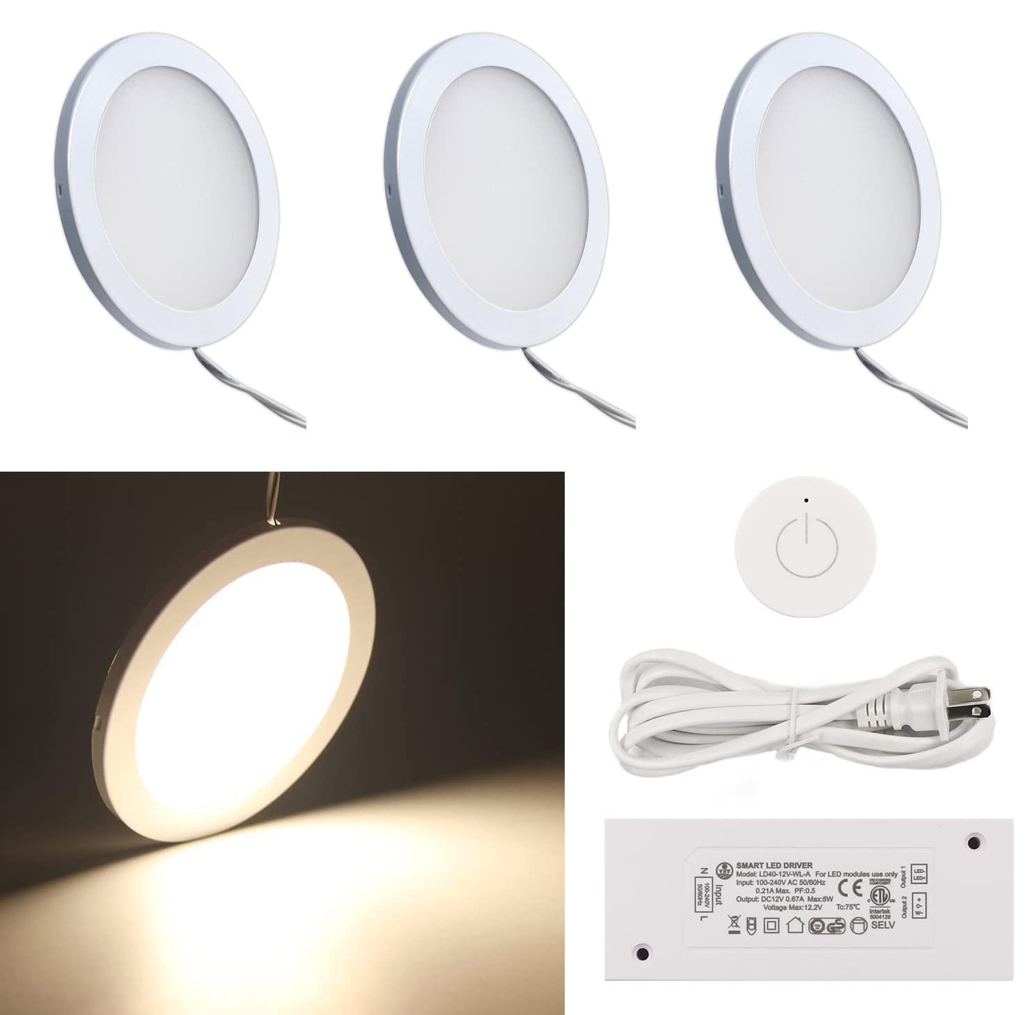 VST Under Cabinet Mini Panel Lighting 3PCS 3.94inch 12V 2.5W(Total 7.5W) with Wi-Fi Wireless Dimmer Switch, Surface Mount Puck Light for Kitchen Van Truck Car Galley Downlight ( Round White4000K)