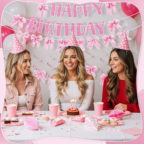 Image of Pink Bow Birthday Decorations, Banner And Hanging Swirls, 45 Pcs | Pink Bow Theme, Pre-Assembled Banner, Sturdy Cardstock, Reusable, For Girls And Women Birthday Parties