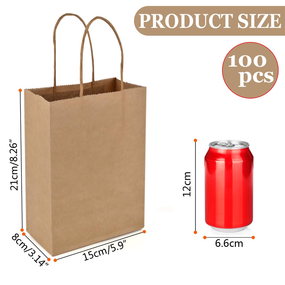 CLTPY 100PCS Bolsas de Papel, Bolsas Regalo, Bolsas Papel Regalo 15 x 8 x 21 cm, Bolsas de Papel con Asas Marrón, Bolsas Papel Kraft, para Bodas, Fiestas de Cumpleaños, Navidad, Dulces, Regalos