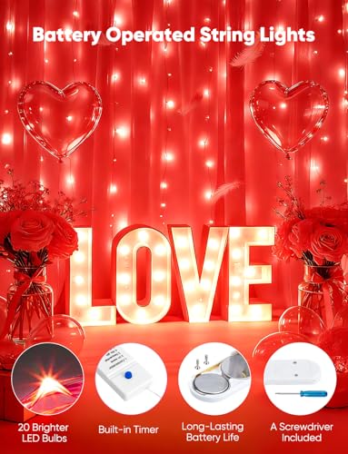 Image of Minetom 12 Pack Red Battery Operated Fairy String Lights 8 Modes | 7ft 20LED Waterproof Silver Wire Twinkle Lights, Firefly Starry Moon Lights for Mason Jars DIY Christmas Wedding Part