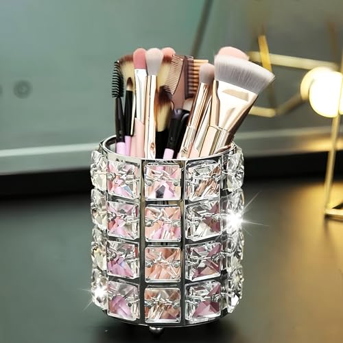 Organizador de Maquillaje de Cristal y Metal, Portalápices de Maquillaje, Multifuncional Soporte para Brochas de Maquillaje, Pinceles, Bolígrafos, Herramientas y Escritorio de Maquillaje (Plata)